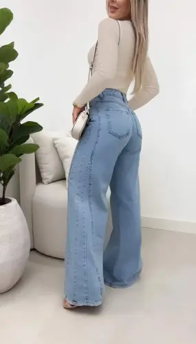 Ayollar uchun baland belli, pachaga qarab keng kesilgan jinsi shim - 4