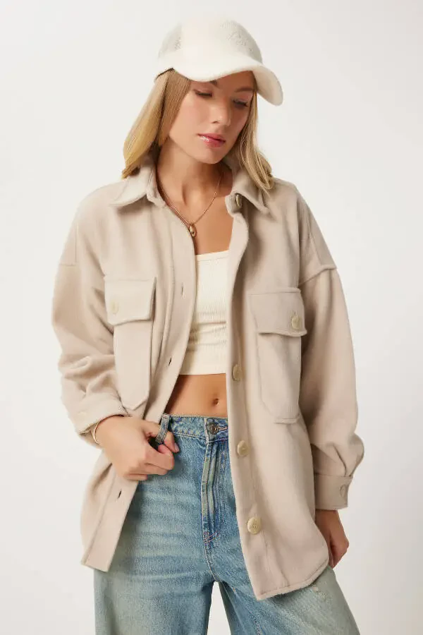 Ayollar uchun bej cho'ntakli kashmir ko'ylak kurtka NV00071 - 1