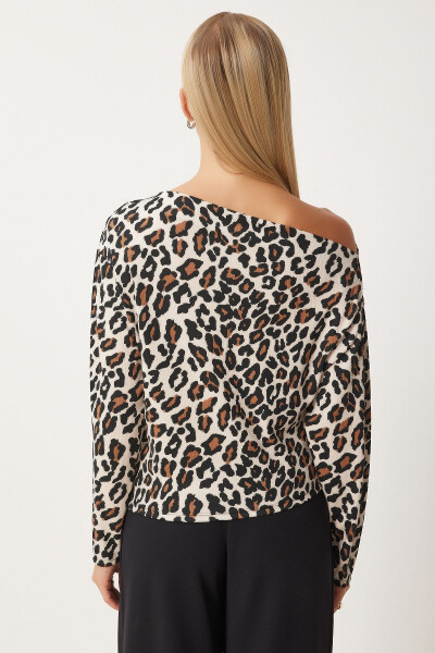 Ayollar uchun bej jigarrang leopard naqshli bir yelkali triko bluzka FF00166 - 6