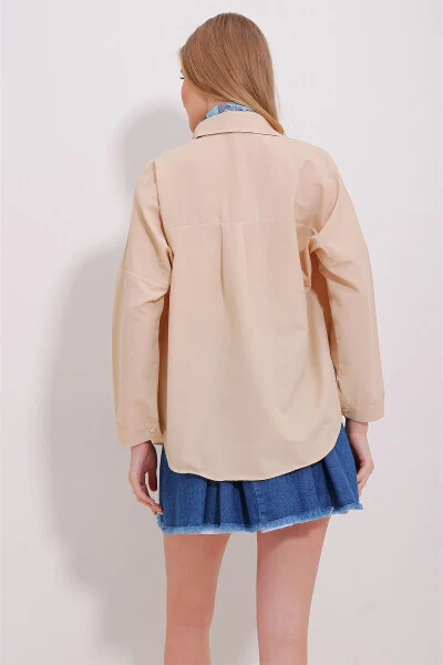 Ayollar uchun bej rangli manjetli paxtadan tikilgan oddiy ko'ylak ALC-X11494 - 5