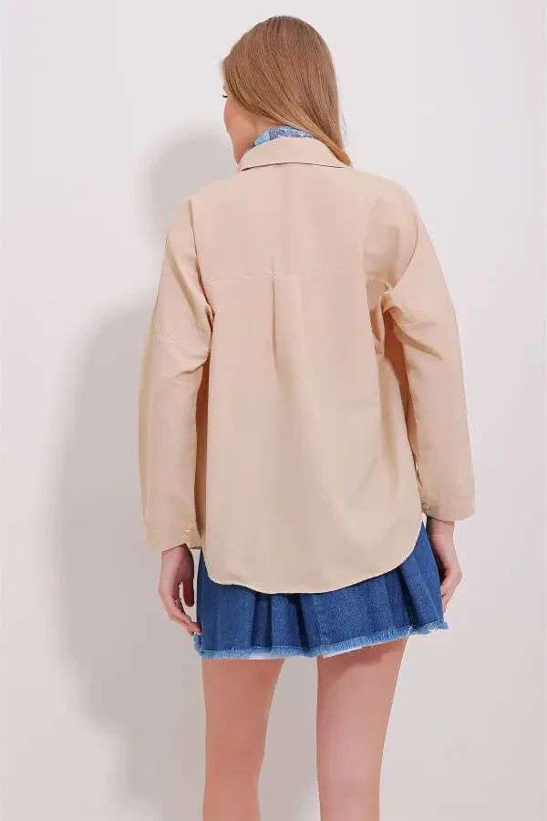 Ayollar uchun bej rangli manjetli paxtadan tikilgan oddiy ko'ylak ALC-X11494 - 5