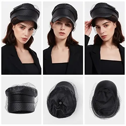 Ayollar uchun beret shlyapalar PU teri Newsboy Fiddler kepkasi pardasi bilan kundalik Baker Boy kapitan shlyapa - 6