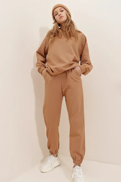 Ayollar uchun Biskuit rangli velosiped yoqali, elastik bel va oyog'i bilan ikki iplikli Basic sport kostyumi ALC-507-669-001 - 3