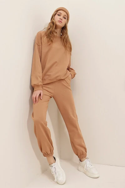 Ayollar uchun Biskuit rangli velosiped yoqali, elastik bel va oyog'i bilan ikki iplikli Basic sport kostyumi ALC-507-669-001 - 5