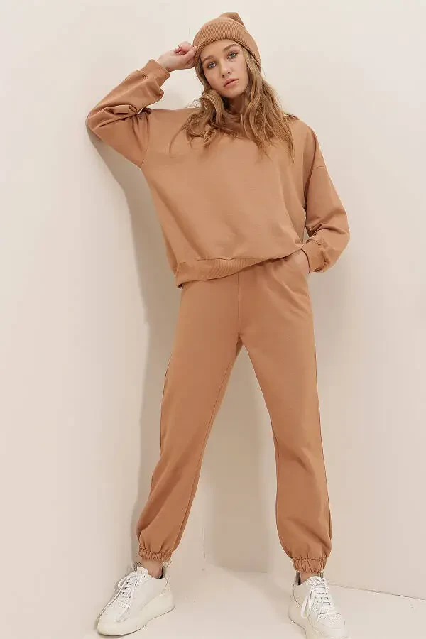 Ayollar uchun Biskuit rangli velosiped yoqali, elastik bel va oyog'i bilan ikki iplikli Basic sport kostyumi ALC-507-669-001 - 8