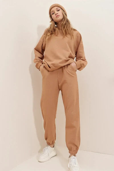 Ayollar uchun Biskuit rangli velosiped yoqali, elastik bel va oyog'i bilan ikki iplikli Basic sport kostyumi ALC-507-669-001 - 10