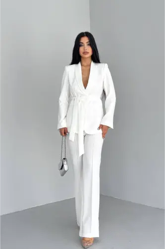Ayollar uchun bog'lanadigan soxta cho'ntakli, kamarli, shol yoqali blazer ko'ylagi, to'g'ri oyoqli elastik shimli kostyum libos - BELLA BREEZE (1)