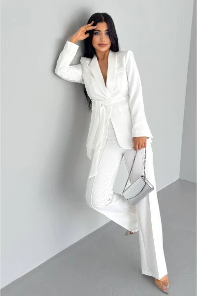 Ayollar uchun bog'lanadigan soxta cho'ntakli, kamarli, shol yoqali blazer ko'ylagi, to'g'ri oyoqli elastik shimli kostyum libos - BELLA BREEZE