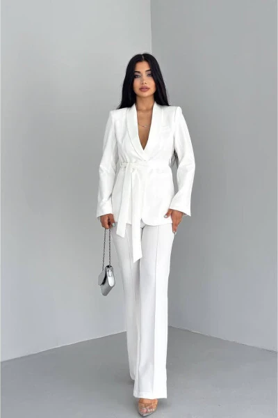 Ayollar uchun bog'lanadigan soxta cho'ntakli, kamarli, shol yoqali blazer ko'ylagi, to'g'ri oyoqli elastik shimli kostyum libos - BELLA BREEZE (1)