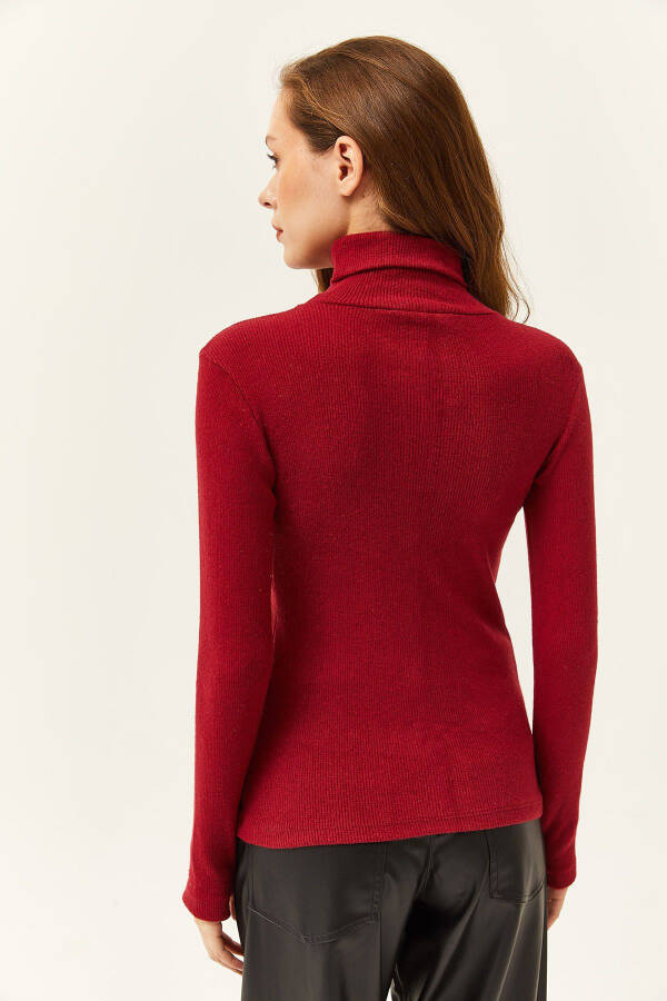 Ayollar uchun bordo rangli baliqchi yoqasidagi barmoqli detallari bilan spandex bluzka BLZ-19001644 - 2