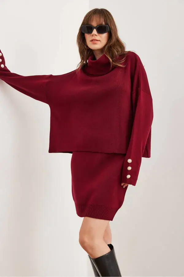 Ayollar uchun bordo Yuqori tugmachalar detali Ko‘ylak Pastli yubka Triko to‘plam TKM-19000329 - 2