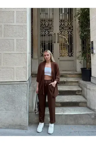 Ayollar uchun bo'shashgan kesilgan kimono tepasi va pastki qismi to'plami - 1