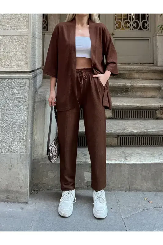 Ayollar uchun bo'shashgan kesilgan kimono tepasi va pastki qismi to'plami - 4