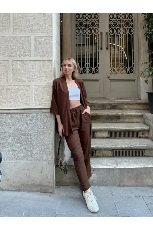 Ayollar uchun bo'shashgan kesilgan kimono tepasi va pastki qismi to'plami - 8