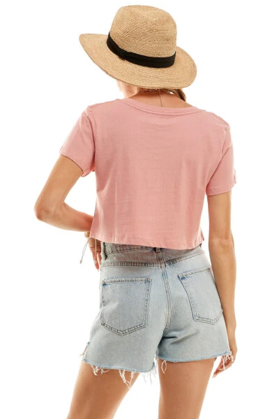 Ayollar uchun Boxy Crop Top Yumaloq bo'yinli qisqa yengli kundalik 100% paxta kesilgan futbolka, to'q pushti, katta - 7