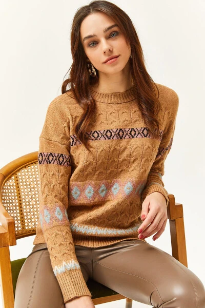 Ayollar uchun Camel Houndstooth Stripe Yumshoq tuzilishli trikotaj kozok KZK-19000790 - OLALOOK