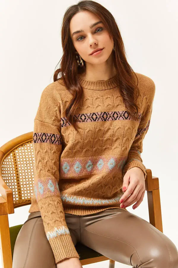 Ayollar uchun Camel Houndstooth Stripe Yumshoq tuzilishli trikotaj kozok KZK-19000790 - 1