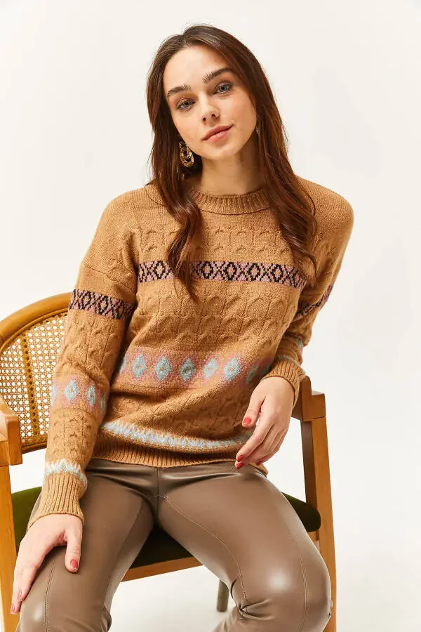 Ayollar uchun Camel Houndstooth Stripe Yumshoq tuzilishli trikotaj kozok KZK-19000790 - 3