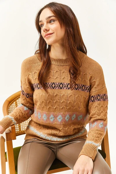 Ayollar uchun Camel Houndstooth Stripe Yumshoq tuzilishli trikotaj kozok KZK-19000790 - 4