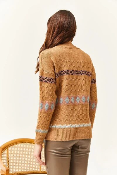 Ayollar uchun Camel Houndstooth Stripe Yumshoq tuzilishli trikotaj kozok KZK-19000790 - 6