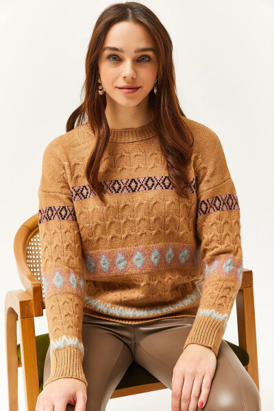 Ayollar uchun Camel Houndstooth Stripe Yumshoq tuzilishli trikotaj kozok KZK-19000790 - 5