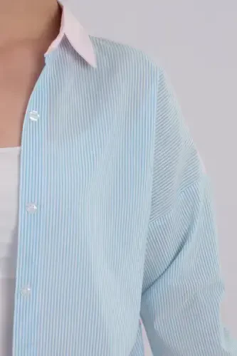 Ayollar uchun chaqaloq ko'k chiziqli ikki rangli uzun yengli bo'sh ko'ylak ARM-21K001193 - ARMONIKA (1)