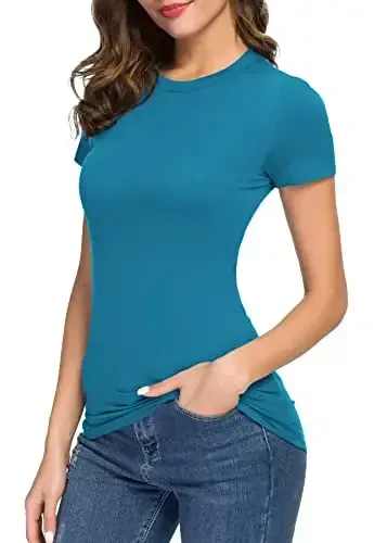 Ayollar uchun Crewneck Slim Fitted Qisqa Yengli T-ko'ylak Cho'ziluvchan Bodycon Asosiy Tee Topslari - 3