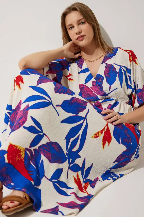 Ayollar uchun Ekru Moviy Konvert Yengil Naqshli Ko'ylak DK00167 - 1