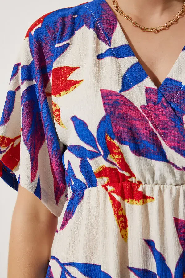 Ayollar uchun Ekru Moviy Konvert Yengil Naqshli Ko'ylak DK00167 - 5