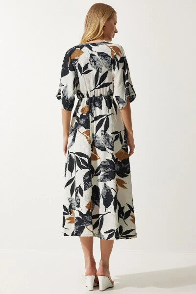 Ayollar uchun Ekru Qora Konvert Yoqali Naqshli Triko Ko'ylak DK00167 - 6