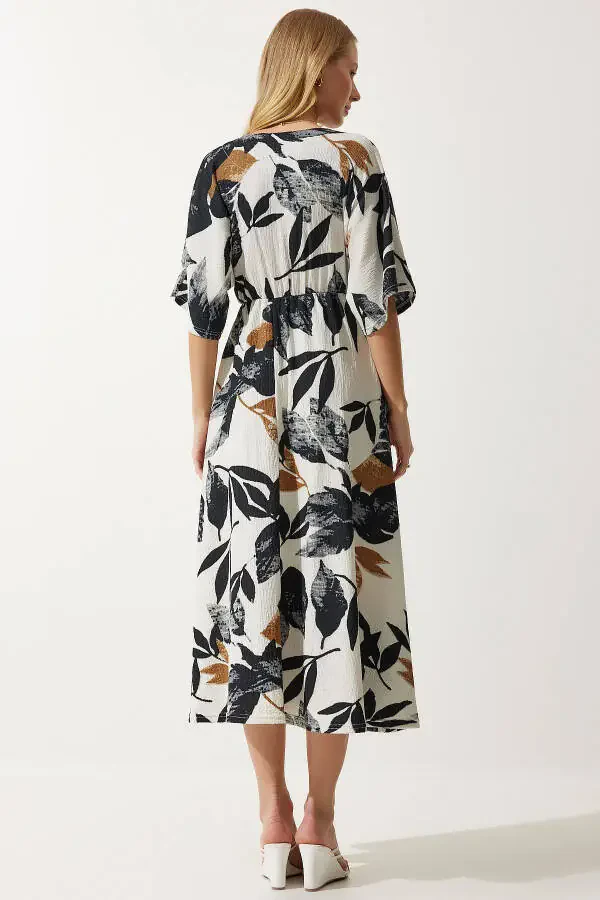 Ayollar uchun Ekru Qora Konvert Yoqali Naqshli Triko Ko'ylak DK00167 - 6