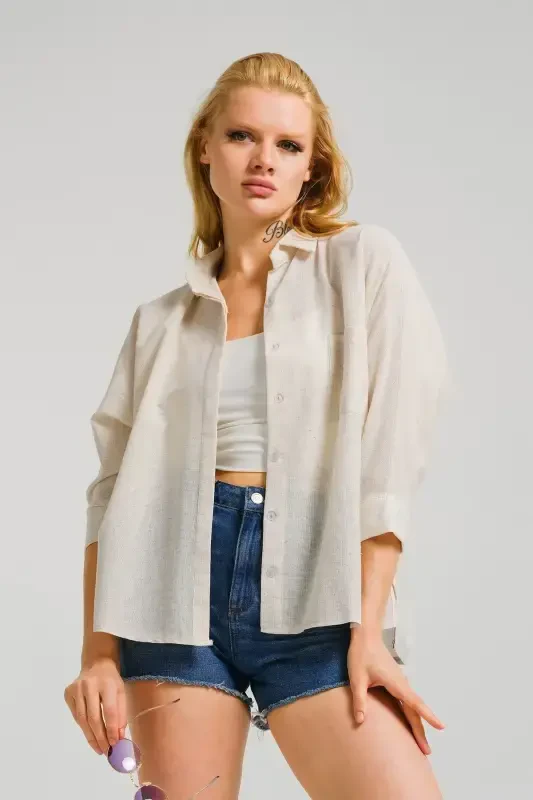 Ayollar uchun ekru rangli cho'ntakli bo'shashgan zig'ir ko'ylak ARM-21Y001035 - ARMONIKA