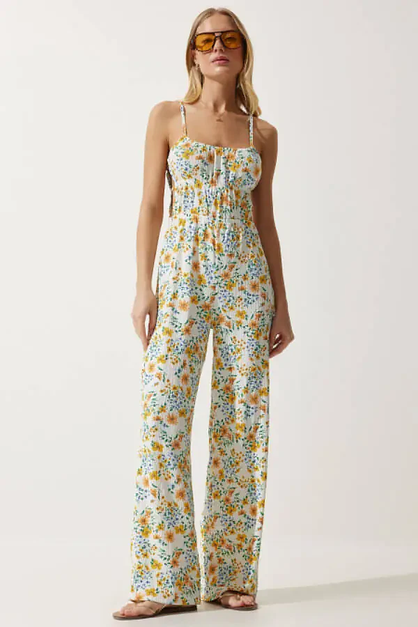 Ayollar uchun Ekru Sari Rangli, Deraza Naqshli Trikotaj Kombinezon UB00245 - 2