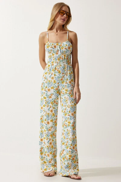 Ayollar uchun Ekru Sari Rangli, Deraza Naqshli Trikotaj Kombinezon UB00245 - 3