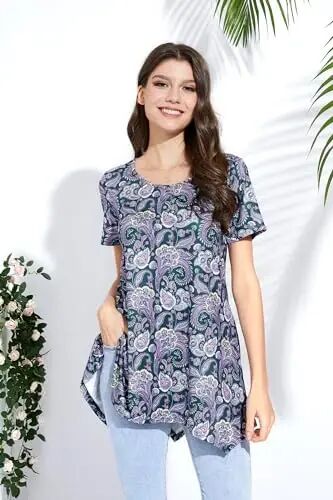 Ayollar uchun ENMAIN katta o‘lchamli, kalta yengli, erkin bichimli, kundalik va oqlangan yozgi tunikalar. Leggings bilan kiyish uchun mos. - 3