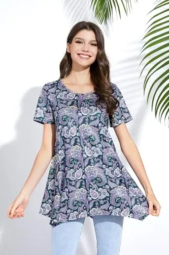 Ayollar uchun ENMAIN katta o‘lchamli, kalta yengli, erkin bichimli, kundalik va oqlangan yozgi tunikalar. Leggings bilan kiyish uchun mos. - 4
