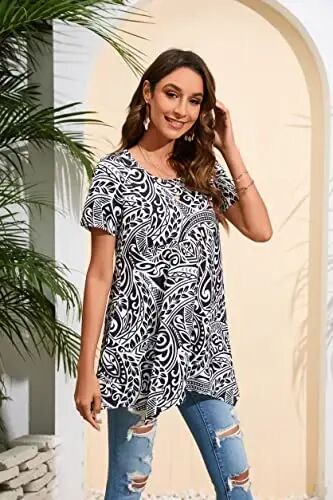 Ayollar uchun ENMAIN kattalashtirilgan o'lchamdagi kaltak yengli bluzkalar, keng bichimli, ko'rkam va kundalik yozgi tunikalar, leggings bilan kiyish uchun mos. - 3