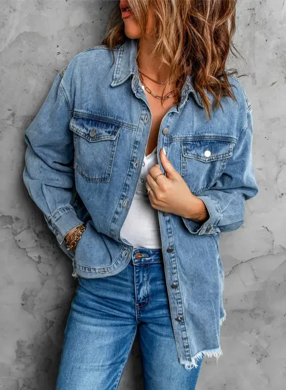 Ayollar uchun Eytino Denim Jaketlari, Katta Hajmli Uzoq Yengli Bo'sh Jinsi Jaket Paltosi, Osmon Ko'k L Hajm - 9