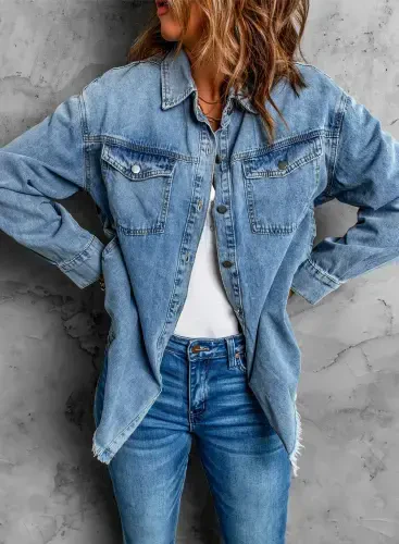 Ayollar uchun Eytino Denim Jaketlari, Katta Hajmli Uzoq Yengli Bo'sh Jinsi Jaket Paltosi, Osmon Ko'k L Hajm - 10