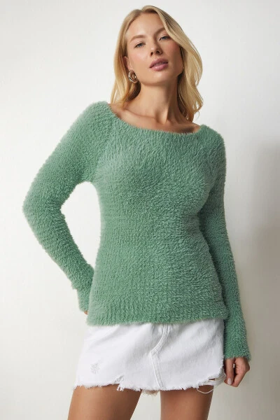 Ayollar uchun firuza rangli qayiq yoqali, chiziqli trikotaj sviter NF00070 - 4