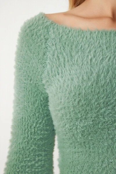 Ayollar uchun firuza rangli qayiq yoqali, chiziqli trikotaj sviter NF00070 - 5