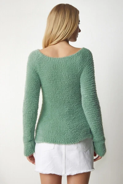 Ayollar uchun firuza rangli qayiq yoqali, chiziqli trikotaj sviter NF00070 - 6