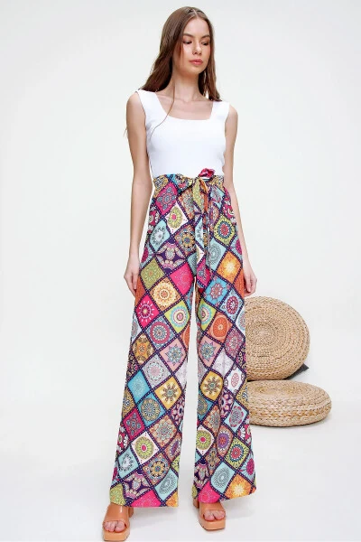 Ayollar uchun fuksiya naqshli erkin kesilgan shim ALC-X6016 - 5