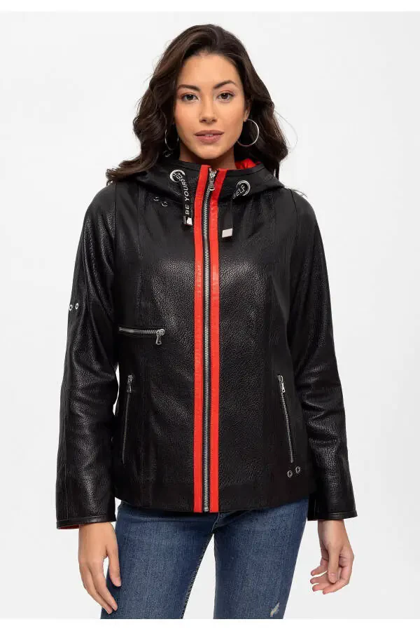 Ayollar uchun haqiqiy charm ko'ylagi, qora, fermuarli, keng kesimli. - 2