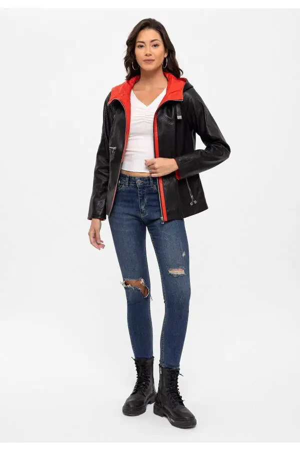 Ayollar uchun haqiqiy charm ko'ylagi, qora, fermuarli, keng kesimli. - 3