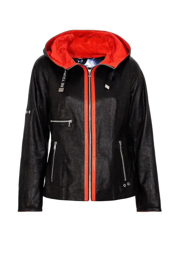 Ayollar uchun haqiqiy charm ko'ylagi, qora, fermuarli, keng kesimli. - 5