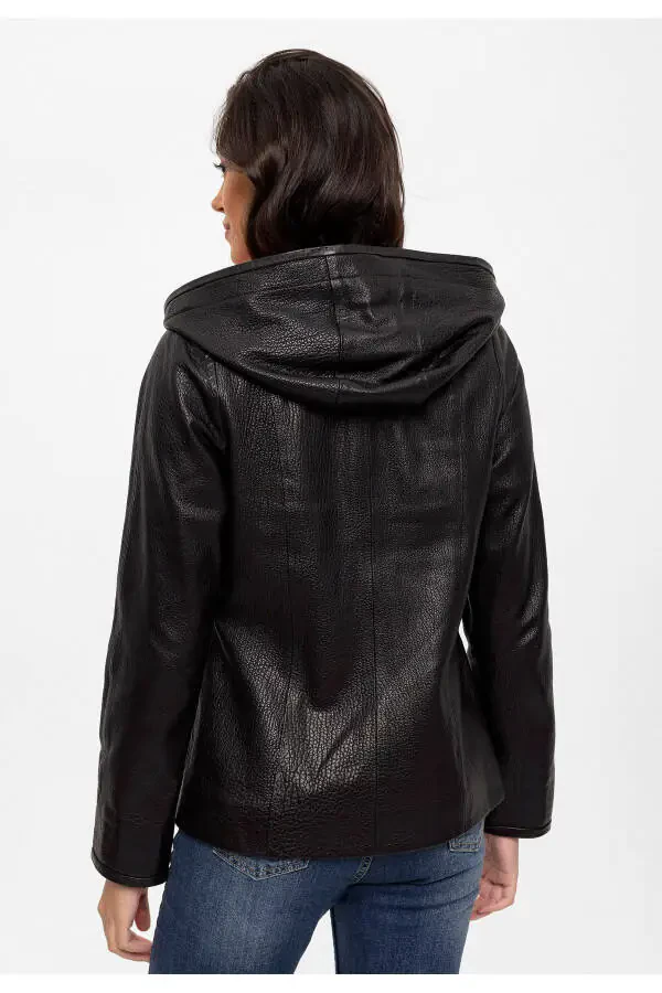 Ayollar uchun haqiqiy charm ko'ylagi, qora, fermuarli, keng kesimli. - 6