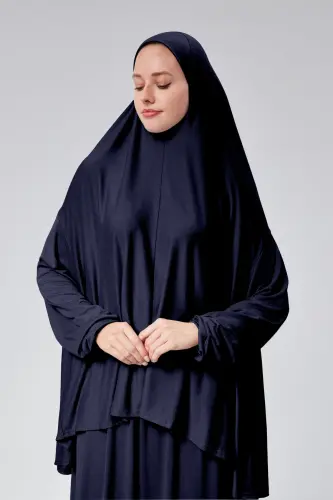 Ayollar uchun ikki qismli namoz libosi, ro'molli, organik paxtadan, elastik manjetli, sirpanmaydigan yubka, trikotaj tesettür - to'q ko'k - SONBAHARMODA (1)