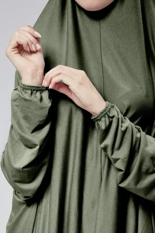 Ayollar uchun ikki qismli namoz libosi ro'molli organik paxtadan elastik yengli sirpanmaydigan etek trikotaj hijob - Haki - 6