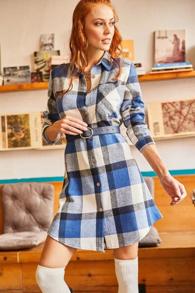 Ayollar uchun indigo ekru odunchi qalin ekose tunik ko'ylak ELB-19000836 - OLALOOK